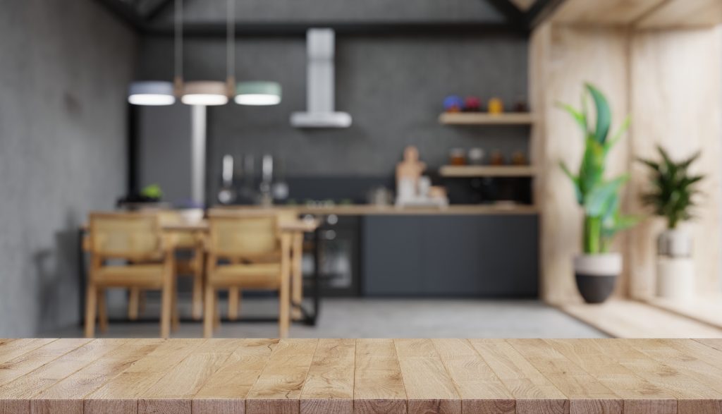 wood table top blur kitchen counter 3d rendering